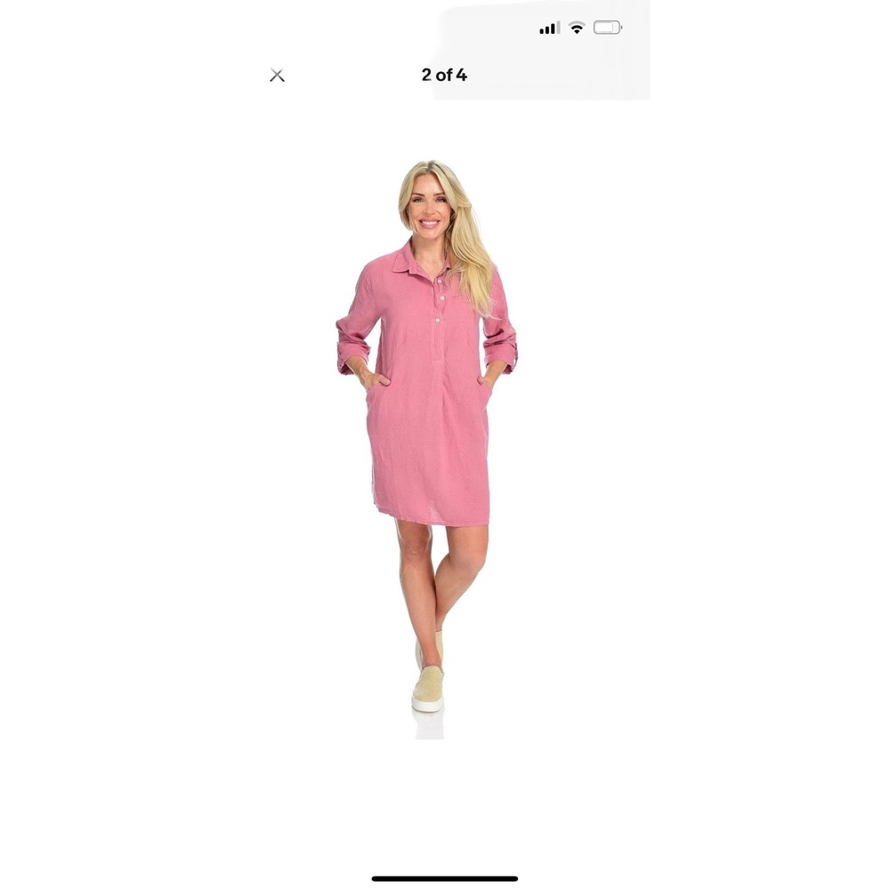 OSO Casuals Italian‎ Linen 3/4 Sleeve Button Front Pink Shirt Dress NWT Large